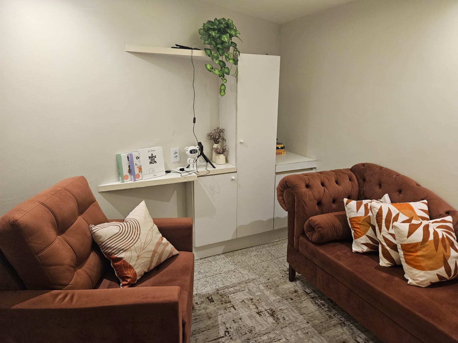 Sala de atendimento com sofás e estante de livros